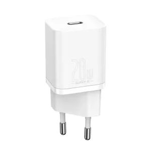 Carregador rápido Baseus 20W branco para iPhone com tecnologia Power Delivery.